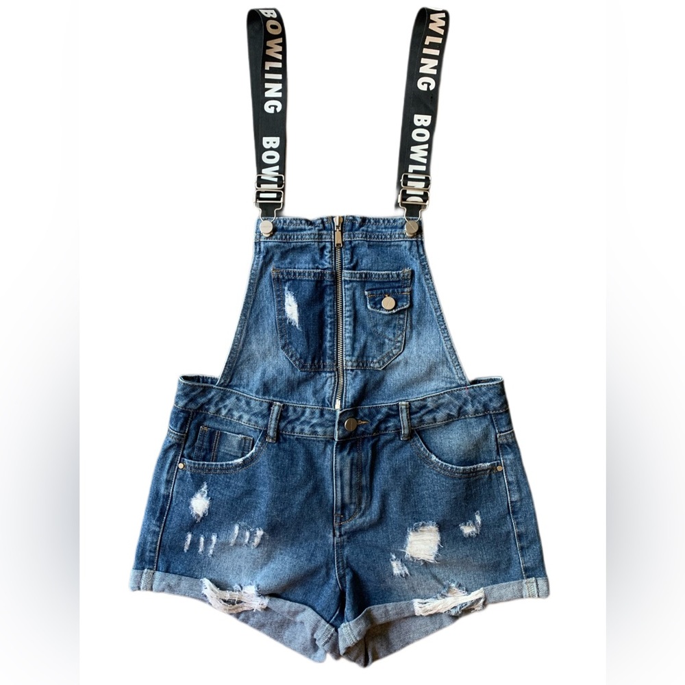 La Chapelle Women’s Distressed Denim Overall Shorts With Webbing straps Size:40